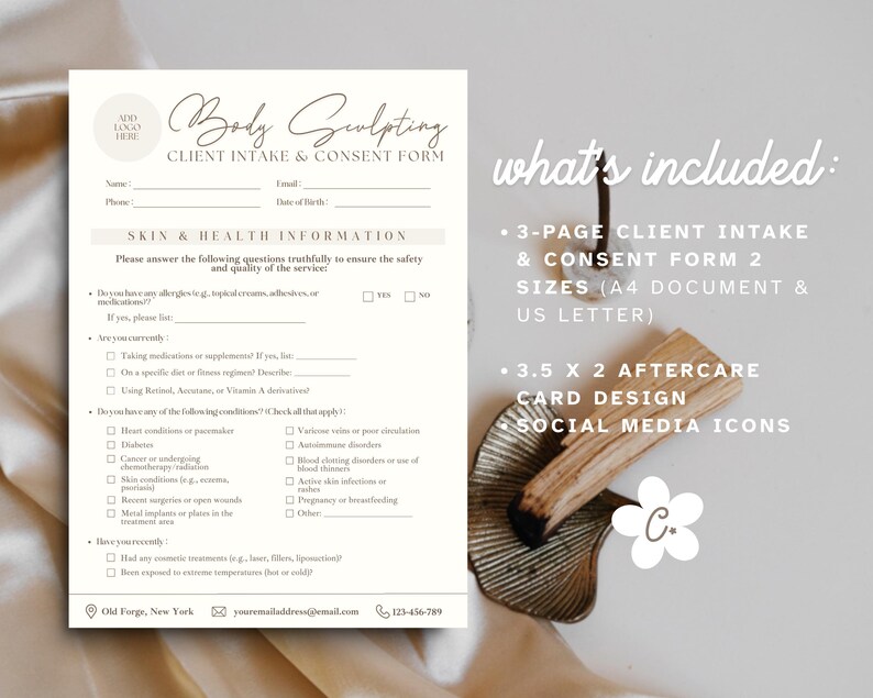 May include: A beige Body Sculpting Client Intake & Consent Form with Skin & Health Information questions. The form includes a section to add a logo. The image also shows a 3-page client intake form, aftercare card design, and social media icons.