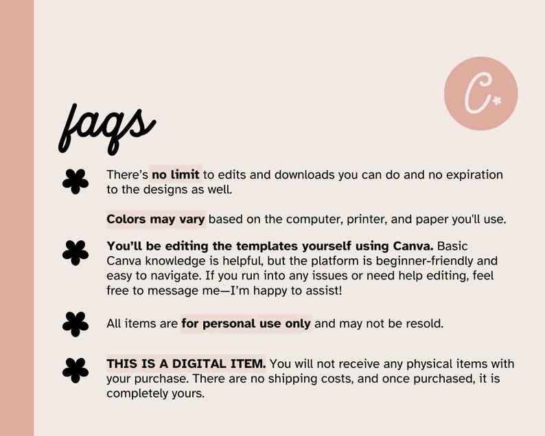 Puede incluir: Una hoja de informaci&oacute;n de preguntas frecuentes digital con un fondo rosa claro y un logotipo circular que contiene la letra C. El texto indica que no hay l&iacute;mite de ediciones, los colores pueden variar, la edici&oacute;n se realiza en Canva y es un art&iacute;culo digital.