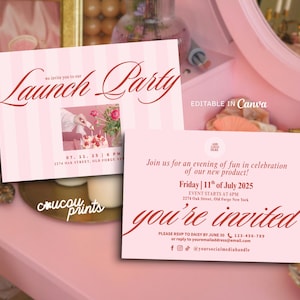 Bewerkbare sjabloon roze lanceringsfeestje, afdrukbare flyer uitnodiging feestelijke opening, moderne zakelijke uitnodiging, fotoverwijzingskaart