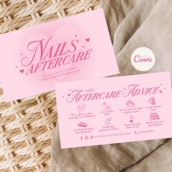 Editable Nails Aftercare Card Template, Manicure Client Care Cards, Printable Nails Care Instructions, Nails Salon Business Card Canva, Feb