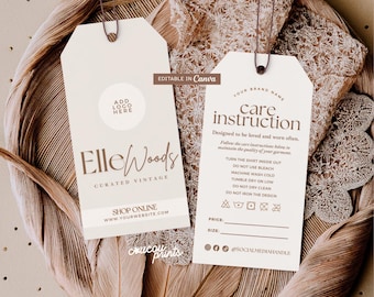 May include: Two rectangular off-white clothing tags with dark brown text and string loops. The left tag features the text Elle Woods Curated Vintage and a logo placeholder. The right tag lists care instructions, price, size, and social media icons.