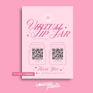 Printable Pink Virtual Tip Jar Sign, Editable Virtual Tip Jar Venmo Payment Sign, Tips Accepted Sign Canva, QR Code Sign Template - Feb