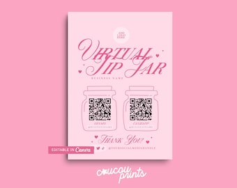Printable Pink Virtual Tip Jar Sign, Editable Virtual Tip Jar Venmo Payment Sign, Tips Accepted Sign Canva, QR Code Sign Template - Feb