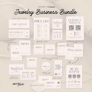 May include: A digital jewellery business bundle template set in a light beige colour palette. Includes printable gift certificates, price lists, thank you cards, jewellery care cards, earring display cards, necklace cards, business cards, and QR code signs.