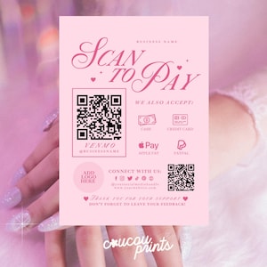 Bearbeitbarer rosa Scan, um Karte zu bezahlen, QR-Code-Vorlage, druckbares Zahlungszeichen, Scan an Paypal, Venmo, CashApp-Zeichen, digitale Zahlung Canva - Feb