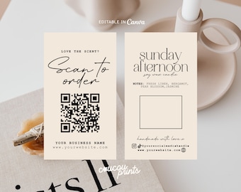 May include: Two rectangular beige business cards with black text and graphics. The left card features a QR code, the text Scan to order, and placeholders for a business name and website. The right card displays Sunday afternoon soy wax candle, scent notes, a blank square, and social media icons.