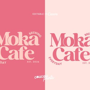 Könnte beinhalten: Ein Logo-Design für "Moka Cafe" in einer sanften rosa Farbpalette. Der Text enthält "Moka Cafe", "Brewing Everyday" und "EST. 2026". Das Design ist vor einem rosa Hintergrund, mit einem helleren rosa Hintergrund rechts.