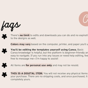May include: A digital item FAQ sheet with the word "faqs" in a cursive font. The text explains the item's features, including unlimited edits, Canva usage, and personal use only. A pink circle with a "C" is in the upper right corner.