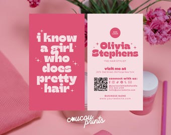 Hairstylist Business Card Template QR Code, DIY Calling Card, Printable Pink Business Card, Editable Beauty Salon Business Card Canva - Lola