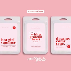 Plantilla de etiqueta para ceras aromáticas rosas, diseño moderno y personalizado de etiquetas para pastillas de cera, etiqueta prediseñada para envase tipo concha, pegatina editable para ceras aromáticas en Canva - Remi