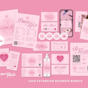 Puede incluir: Un paquete de negocios de extensiones de pestañas rosa con una lista de precios, tarjetas de visita, pegatinas, una maqueta de teléfono y materiales de marketing. El diseño incluye corazones, pestañas y el texto "Candy Lashes" y "Lily-Rose Morris".