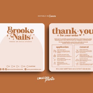 May include: Two square cards with rounded corners in light pink and brown. The left card features the text Brooke Nails Press-On Nails Studio and size options. The right card provides application and removal instructions with icons and text.