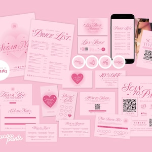 Pacote de negócios Pink Press On Nail, cartão de embalagem de produtos para unhas, instruções de aplicação, design de kit de dimensionamento de unhas, agradecimento editável, fevereiro