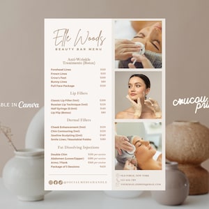 Modelos de lista de preços para estética, catálogo de cardápios para preenchimento labial com Botox para salão de beleza e remoção de gordura, preço de injetores para enfermeiras, cardápio de preços para MedSpa, Elle