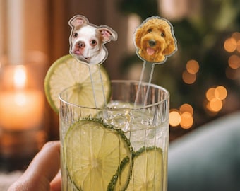 May include: A cocktail in a clear glass with lime slices and ice, decorated with two dog-themed drink stirrers. One stirrer shows a Boston Terrier, the other a Goldendoodle. The drink is held in a hand.