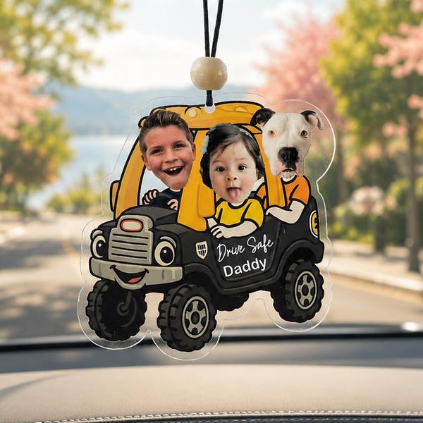 Drive Safe Daddy – Toy Truck | Custom Car Charm with Kids & Pet Faces