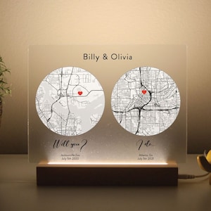 Illuminez deux cartes géographiques | Enseigne de carte personnalisée | Plaque de carte personnalisée en acrylique | Notre premier rendez-vous, épouse-moi | 2 cartes