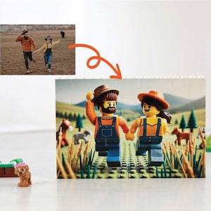 May include: A Lego-style puzzle featuring a couple holding hands and walking through a field. The couple is made of Lego blocks and is wearing casual clothing. The background is a green field with trees and bushes.