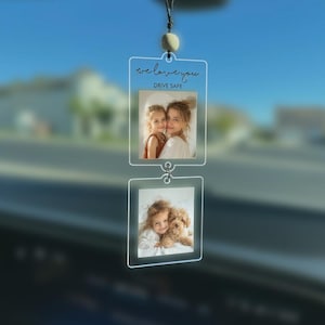 Étiquette photo personnalisée pour rétroviseur de voiture - Étiquettes photo personnalisées à suspendre avec texte - Cadeau pour les proches, rappel Conduisez prudemment