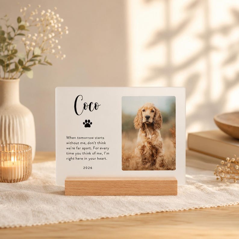 Puede incluir: Una placa conmemorativa rectangular de acr&iacute;lico con base de madera que presenta una fotograf&iacute;a de un perro spaniel marr&oacute;n, el nombre Coco, un icono de huella, el a&ntilde;o 2026 y el texto: When tomorrow starts without me, don't think we're far apart.
