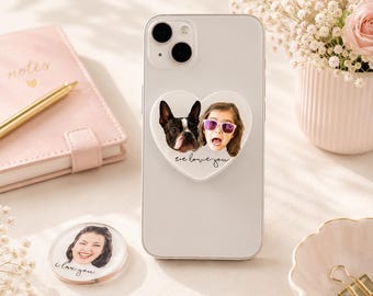 Custom Photo Phone Grip – Personalized Heart or Round Magnetic Phone Stand – Gift for Mom, Dad  – Custom Face Phone Accessory