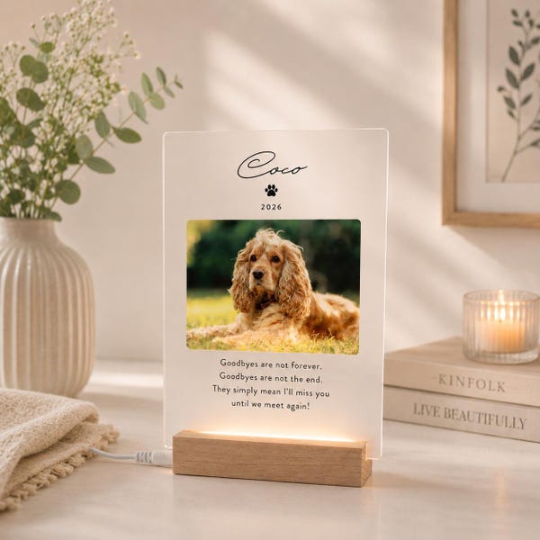 Pode incluir: Uma placa retangular de acrílico com uma base de madeira clara apresentando uma fotografia de um cão spaniel castanho-dourado. A placa exibe o nome Coco, um ícone de pata, o ano 2026 e o texto Goodbyes are not forever.
