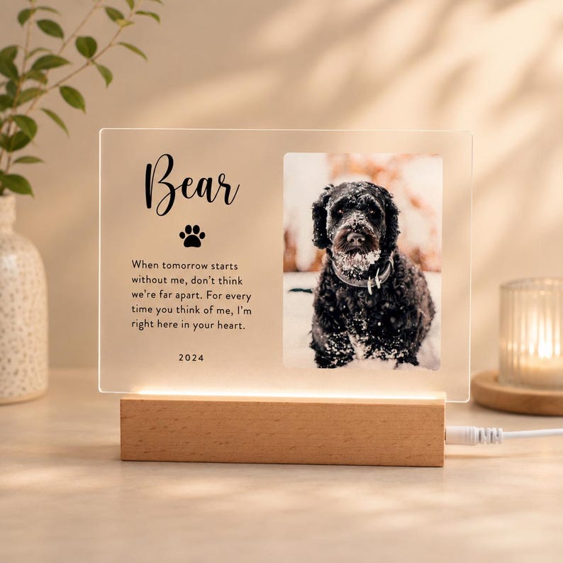 Puede incluir: Una placa rectangular de acr&iacute;lico sobre una base de madera iluminada con la foto de un perro negro, el nombre Bear, un icono de huella, el a&ntilde;o 2024 y el texto: When tomorrow starts without me, don't think we're far apart. For every time you think of me, I'm right here in your heart.