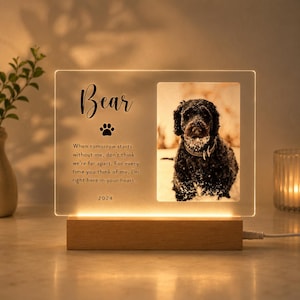 Puede incluir: Una placa de luz rectangular de acr&iacute;lico con base de madera que presenta la foto de un perro negro, un icono de huella, el nombre Bear, el a&ntilde;o 2024 y el texto: When tomorrow starts without me, don't think we're far apart. For every time you think of me, I'm right here in your heart.