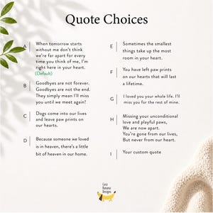 Puede incluir: Un gr&aacute;fico informativo blanco titulado Quote Choices que presenta nueve opciones etiquetadas de la A a la I. Cada opci&oacute;n contiene una cita sentimental &uacute;nica sobre la p&eacute;rdida y el recuerdo. En la parte inferior aparece el logo de Coco Banana Designs.