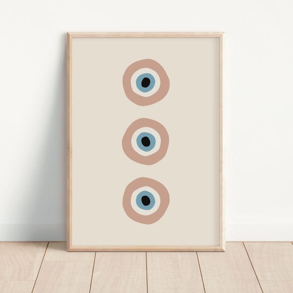 Three Evil Eyes Roze | Afdrukbare Poster, Mati Eye, Eye Art, Boho Decor, Ibiza Art Print, Travel Poster, Pastel kleuren, Spirituele Decor