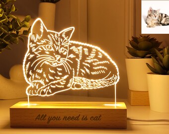 Lampe photo chat, cadeau pour les amoureux des chats, lampe portrait chat personnalisé, lampe led illustration animal de compagnie.