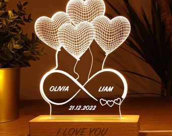 Lampe de nuit personnalisée avec nom, lampe 3d comme cadeau d'anniversaire, lampe personnalisée pour couple, cadeau personnalisé.