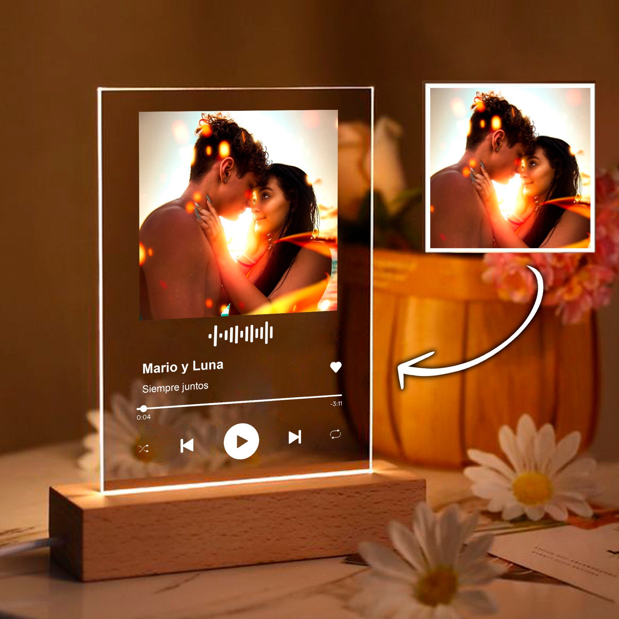  Luz nocturna de arte de vidrio de Spotify personalizada,  lámpara LED de acrílico para fotos, escaneo de fotos, álbum de canción  personalizado de Spotify, regalo para amante, mamá, papá, amigos, 