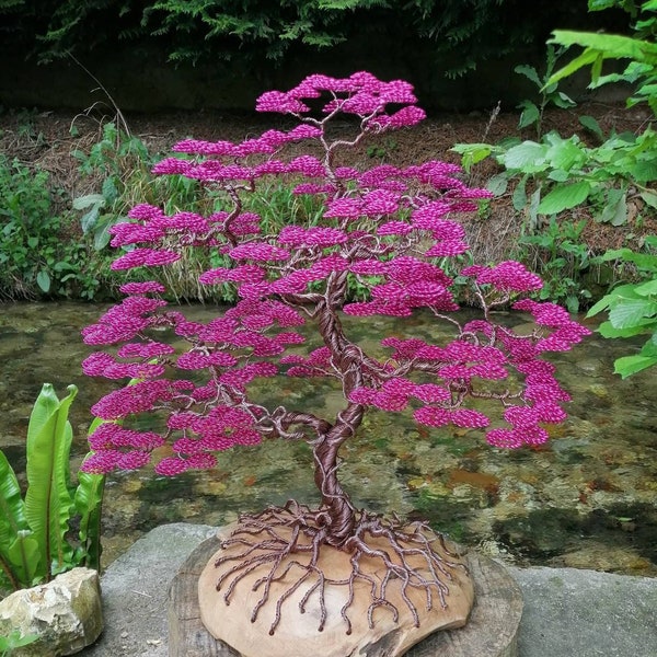 Arbre bonsaï sculpture fil d'aluminium fushia