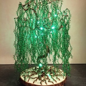 Luminous weeping willow sculpture in aluminum wire
