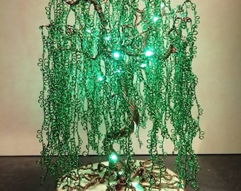 Luminous weeping willow aluminum wire sculpture