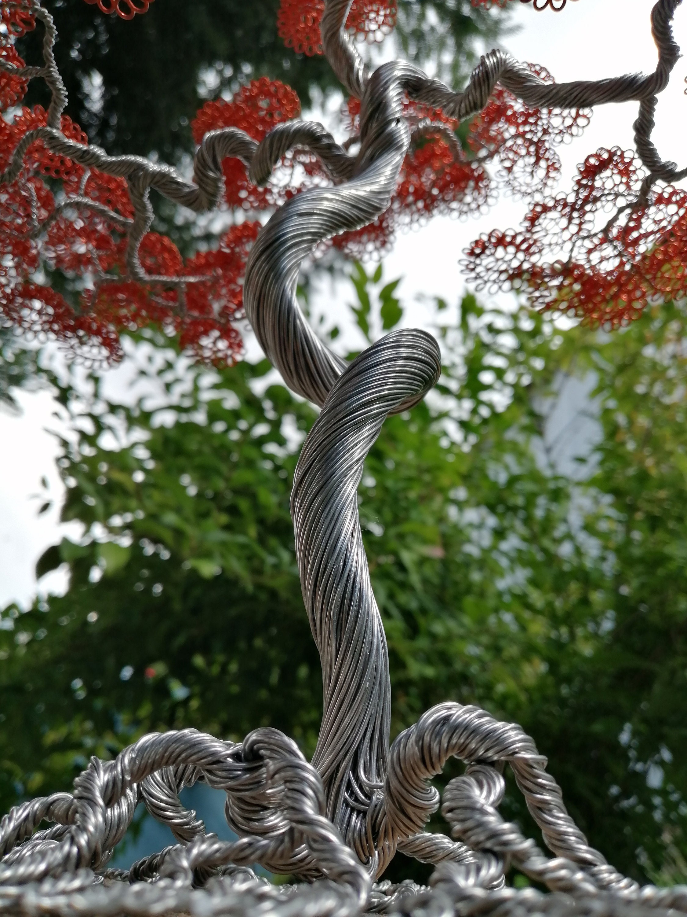 Luminous Bonsai Tree Green Aluminum Wire Sculpture 