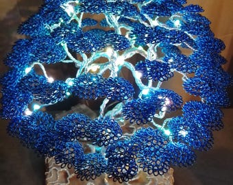 Bonsai tree illuminated aluminum wire sculpture