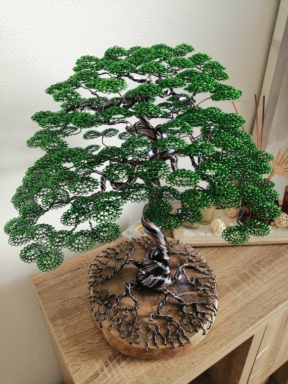 Luminous Bonsai Tree Green Aluminum Wire Sculpture 