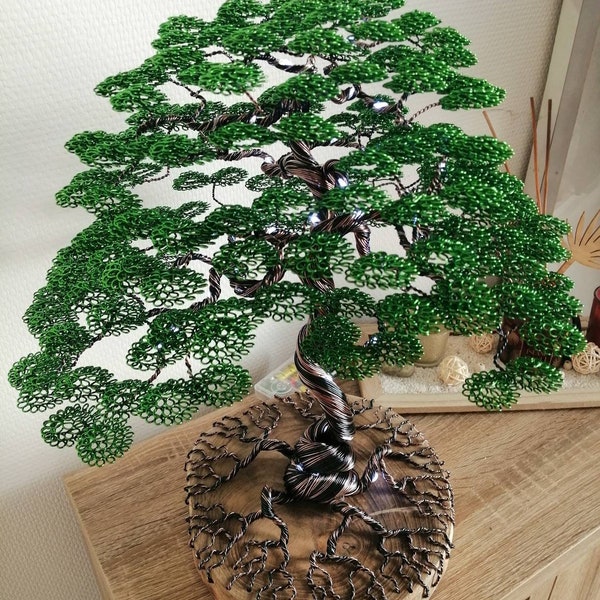 Arbre bonsaï lumineux sculpture fil d'aluminium vert