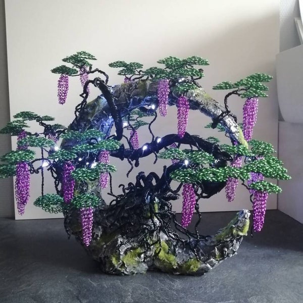 Luminous wild Wisteria bonsai made of aluminum wire