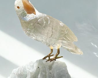 Brazilian Quartz Parakeet Sculpture with Citrine Eyes - Artisan Carved Bird Decor-Handmade