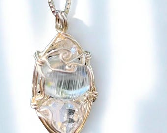 Natural Cat's Eye Topaz Pendant, Herkimer Diamond Quartz, Sterling Silver Wire Wrapped Gemstone