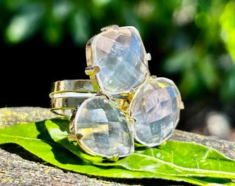 Three Facet Shapes Clear Quartz Ring - Adjustable Gold Plated Brass - Brazil