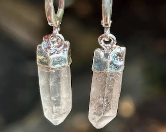 Tiny Lemurian Quartz Earrings – Silver Plated Brass, Brazil, Dainty Point