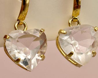 Gold Plated Lemurian Quartz Heart Earrings: Faceted Brazilian Crystal Dangles