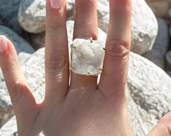 Lemurian Crystal Cluster Square Shaped Statement Ring, Gold Plated Brass, Brazil, Adjustable