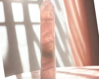 Pink Quartz Tower – Showpiece- 15" -Girasol, White Phantoms, Tabular, Brazil, Handmade