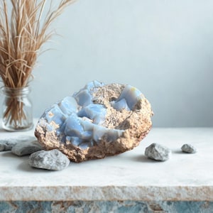 May include: A large, raw geode featuring translucent, pale blue crystalline formations embedded within a rough, tan-colored rocky exterior. The specimen is accompanied by several smaller, smooth, grey stone fragments scattered nearby.