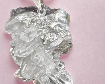 AAA Lemurian Quartz Raw Cluster Pendant Silver Plated Flat Back Brazil